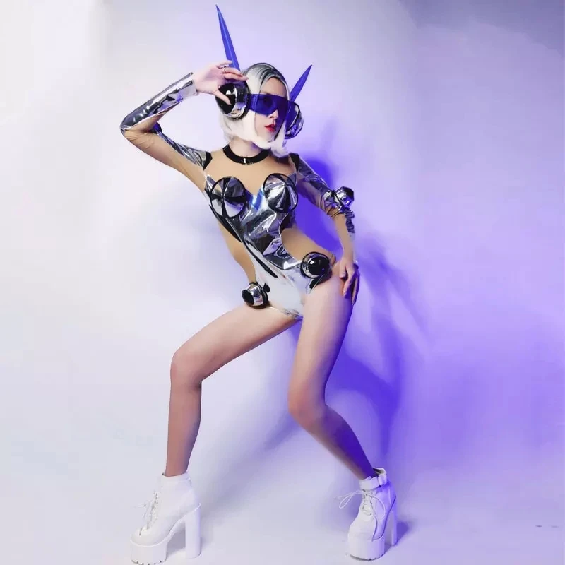 Lady Warrior Cosplay Costume Silver Laser Reflective Bodysuit Headdress Sexy Space Mechanical Dance Outfit Bar Nightclub Clothes