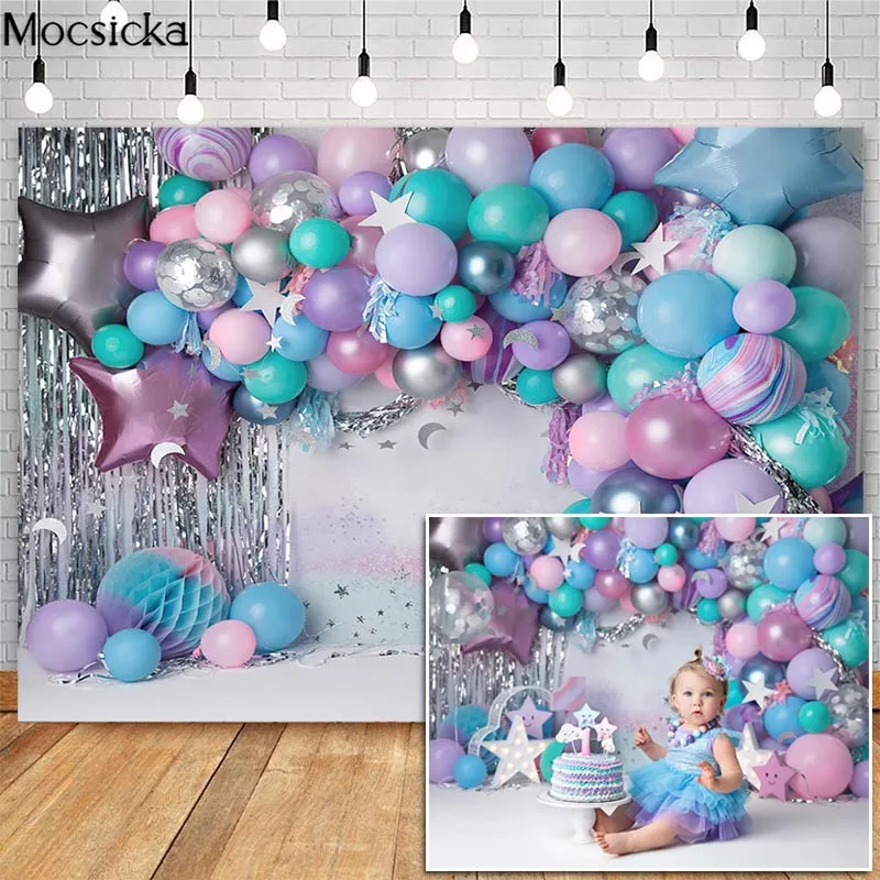 Rainbow Balloons Wall Cake Smash Backdrop Photocall Newborn Children Birthday Portrait Background Silver Stars Photography Props