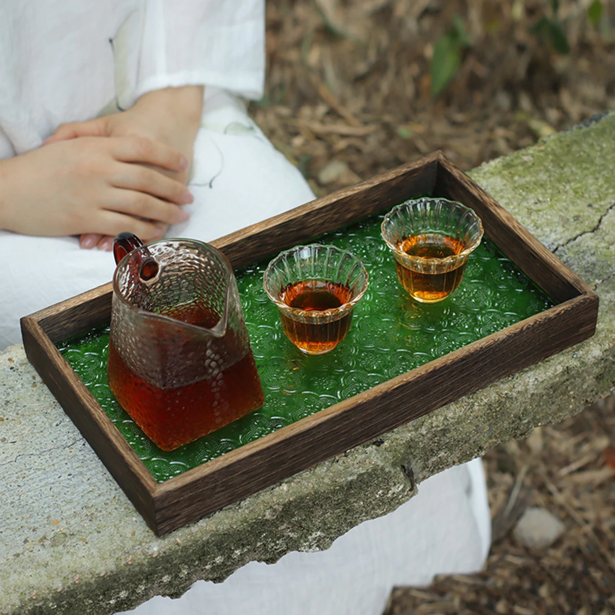 Retro Chinese style begonia embossed glass tray household rectangular wooden serving tray cup storage fruit tray