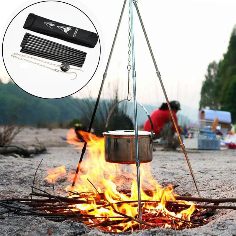 Trípode de aluminio para estufa de acampada al aire libre, soporte de cadena colgante ajustable con bolsa de almacenamiento para cocina y Picnic