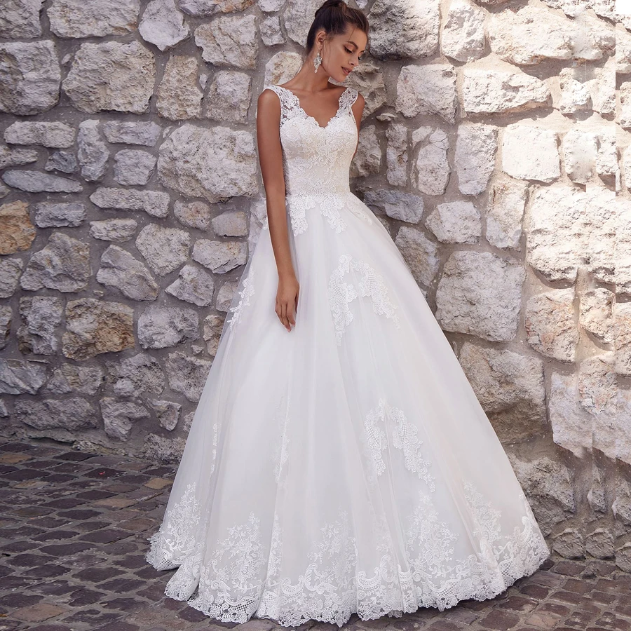 Elegante boné manga vestido de casamento robe de mariage com decote em v apliques até o chão tule a linha vestidos de noiva novia