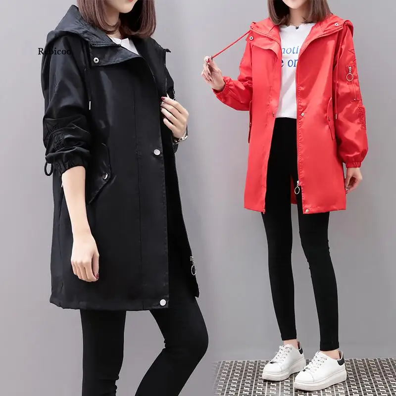 Trench coat women Black Red Spring autumn Medium Long Loose Hooded coat Korean Female windbreaker Outerwear