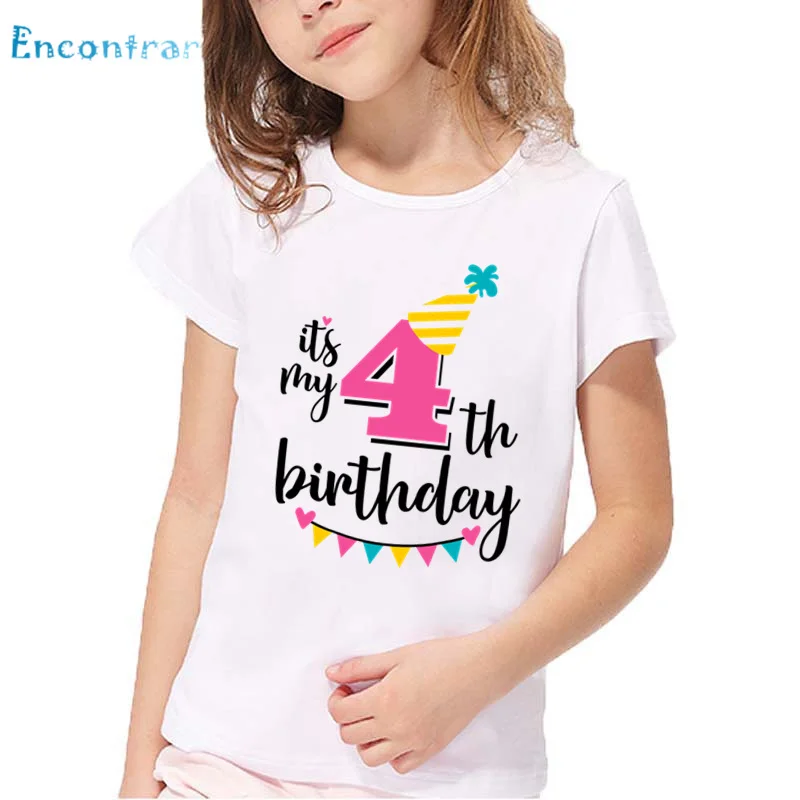 Happy Birthday Number 1-7 Letter Bow Print Funny T shirt Kids Summer White Tops Baby Girls Present T-shirt,oHKP2432