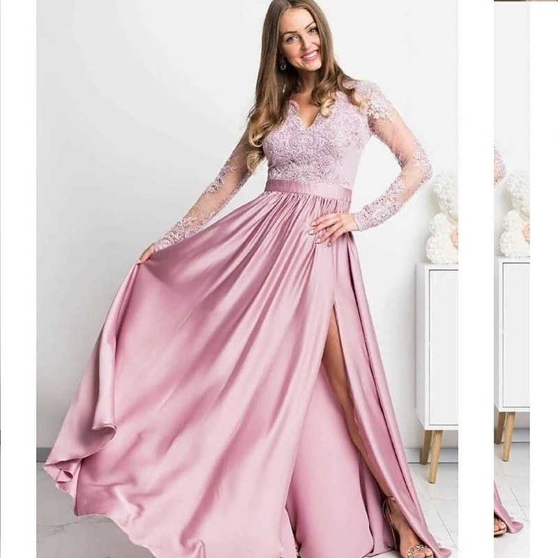 Vestido de noite rosa 2021, manga longa, apliques de renda, decote em v, comprimento do chão, cristal frisado, sexy, fenda lateral, vestidos de festa femininos formais