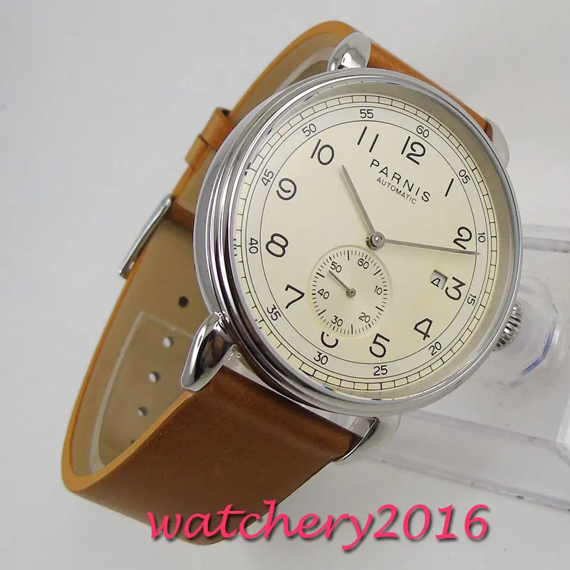 42mm PARNIS Beige Dial Date Indicator Leather Automatic Mechanical men\'s Watch