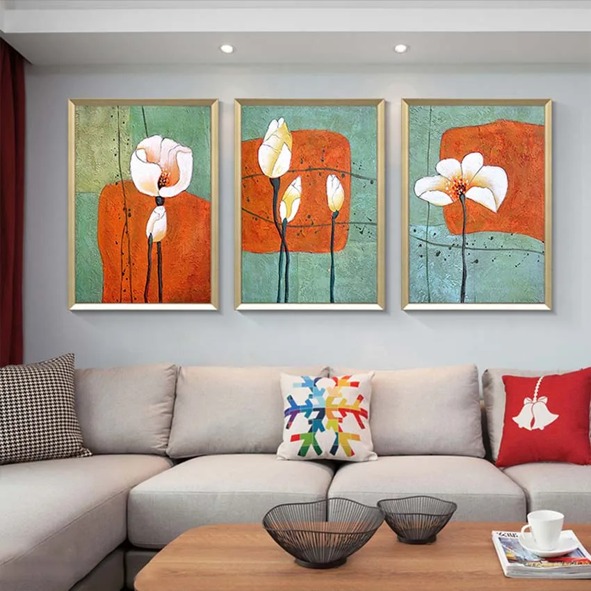 Pure Hand drawn acrylic abstract oil painting 3 pieces combination beautiful pictures of flowers wall decoration for living room