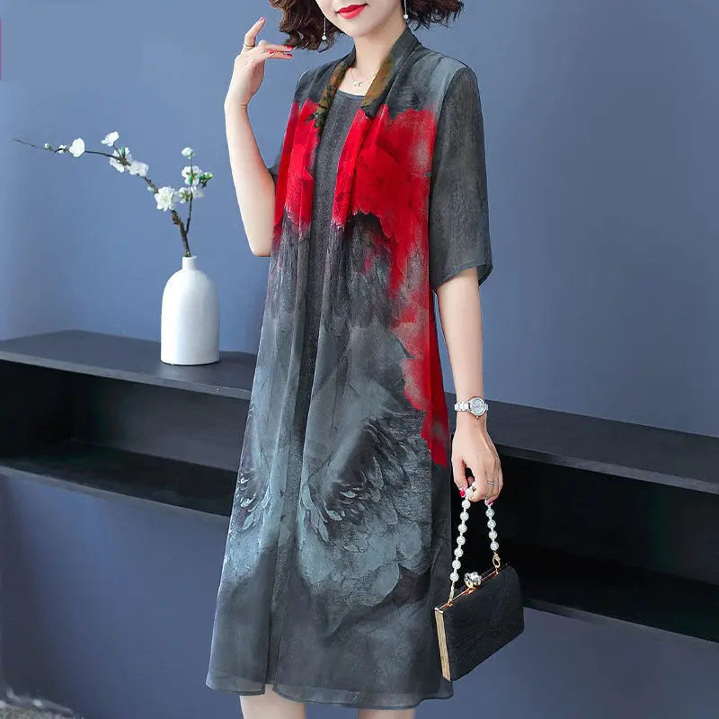 2023 New Fashion Foreign Noble Spring And Summer Dress Middle-aged And Elderly Women's Chiffon Casual