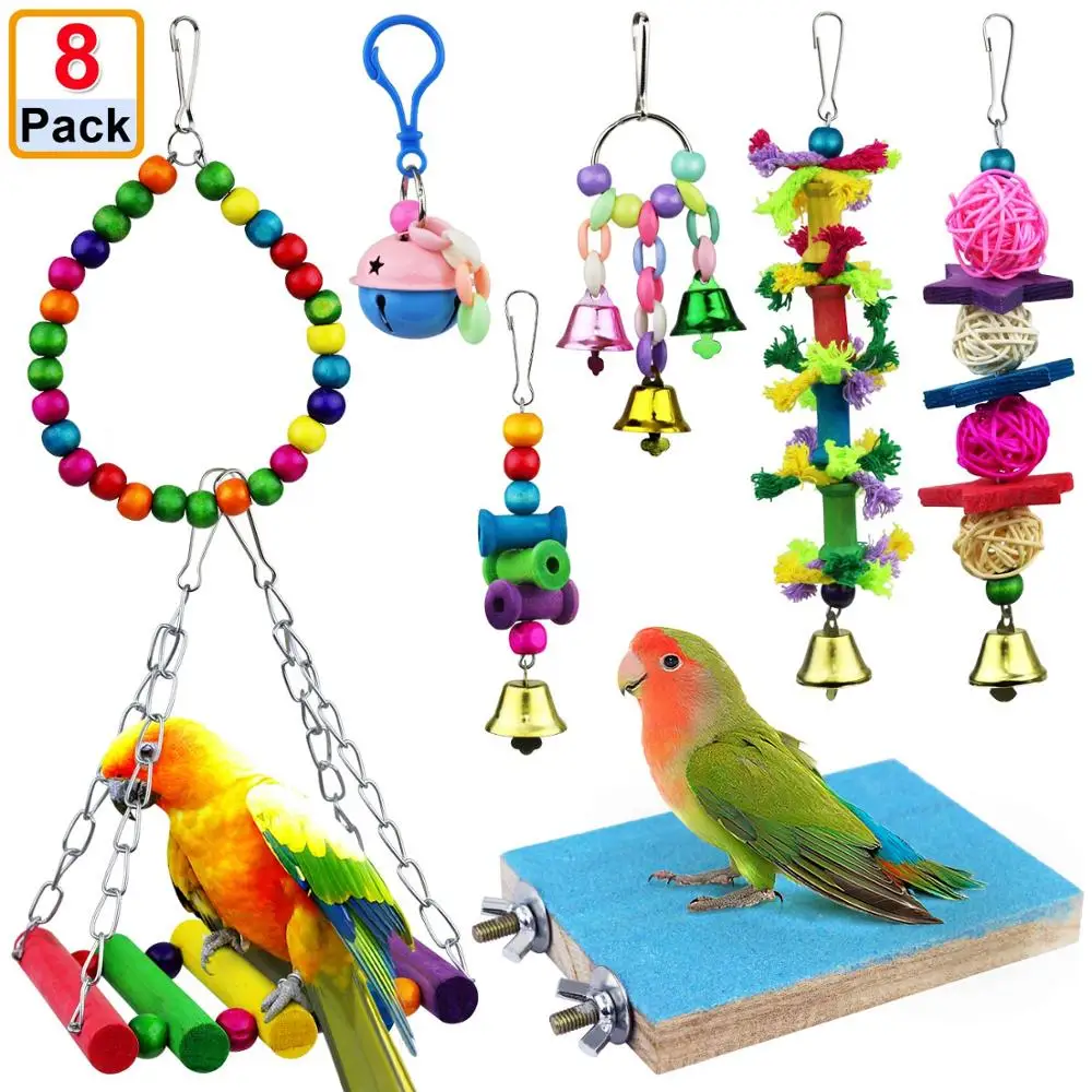 

Parrot Swing Toys Hanging Bell Cage Hammock Toy for Chewing Bird Small Parakeets Cockatiels Conures Parrots Love Birds 8Pcs