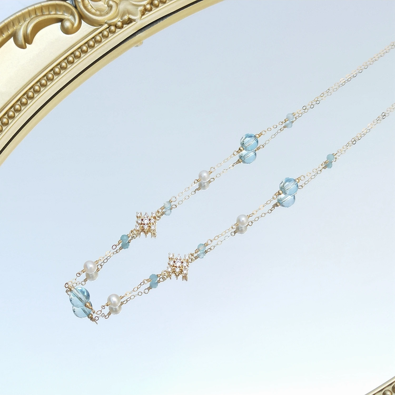 Lii Ji Natural Blue Topaz Aquamarine Zircon Snowflakes Necklace American 14K Gold Filled Jewelry For Women Gift