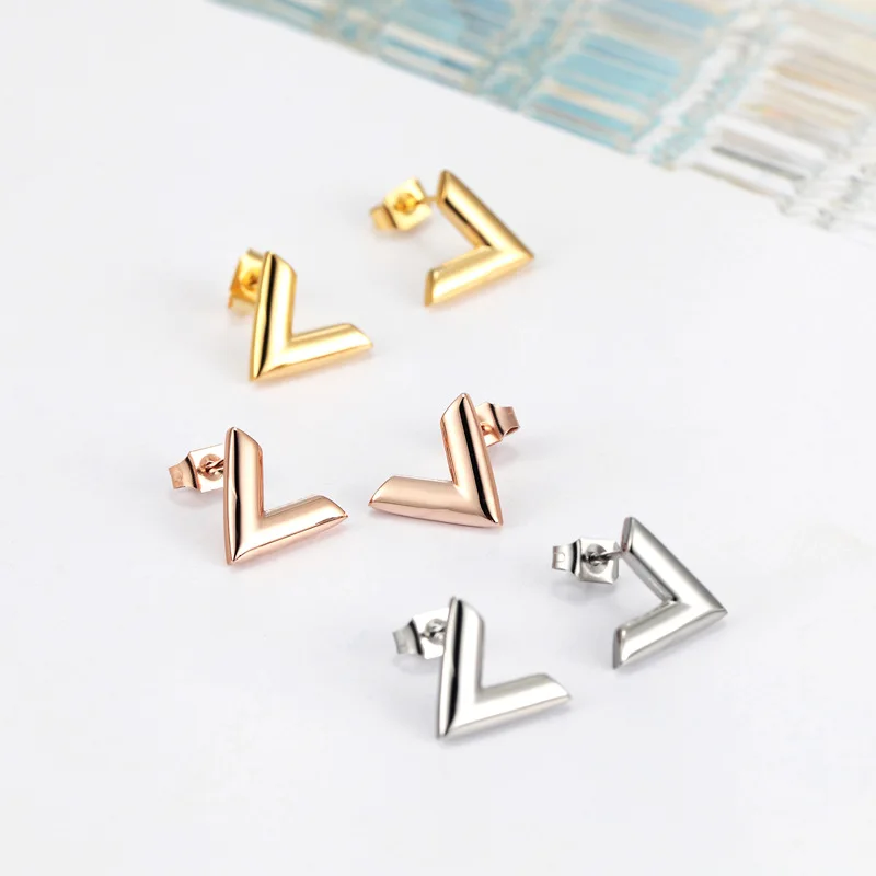 Luxury Brand Jewelry Simple Design V Letter Earrings For Women Stainless Steel Gold-Color Elegant Party Stud Earrings KE002-1