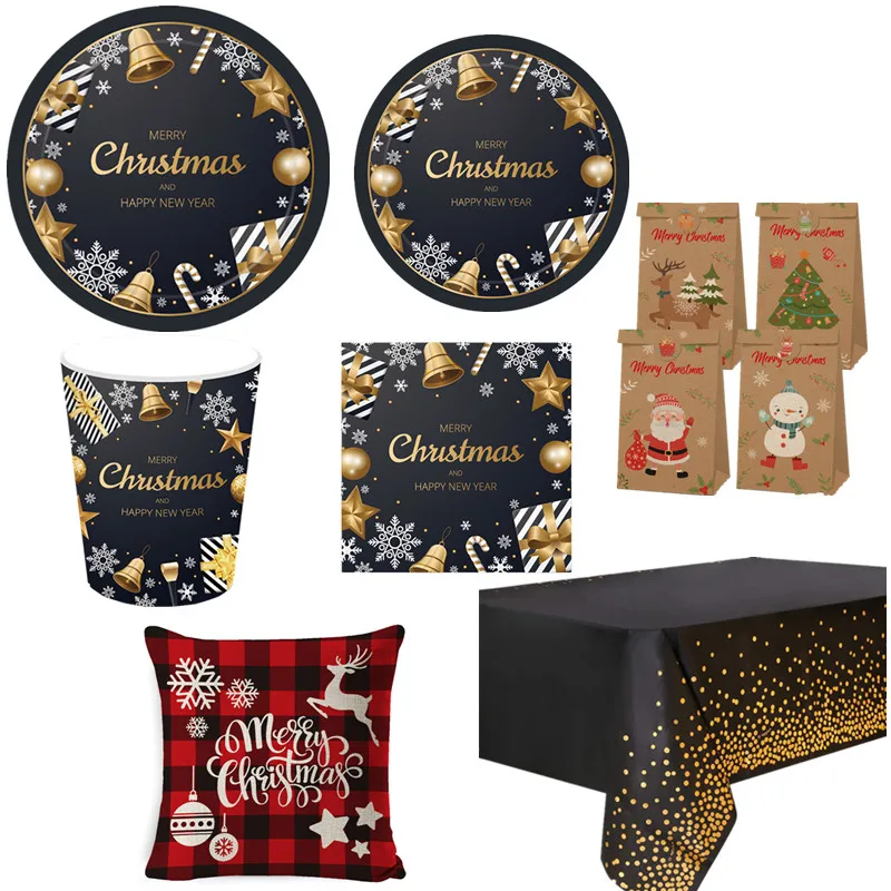 

Xmas Dinner Plates Cups Napkin Merry Christmas Decorations for Home Black Gold Disposable Tableware Sets Christmas Party Favors