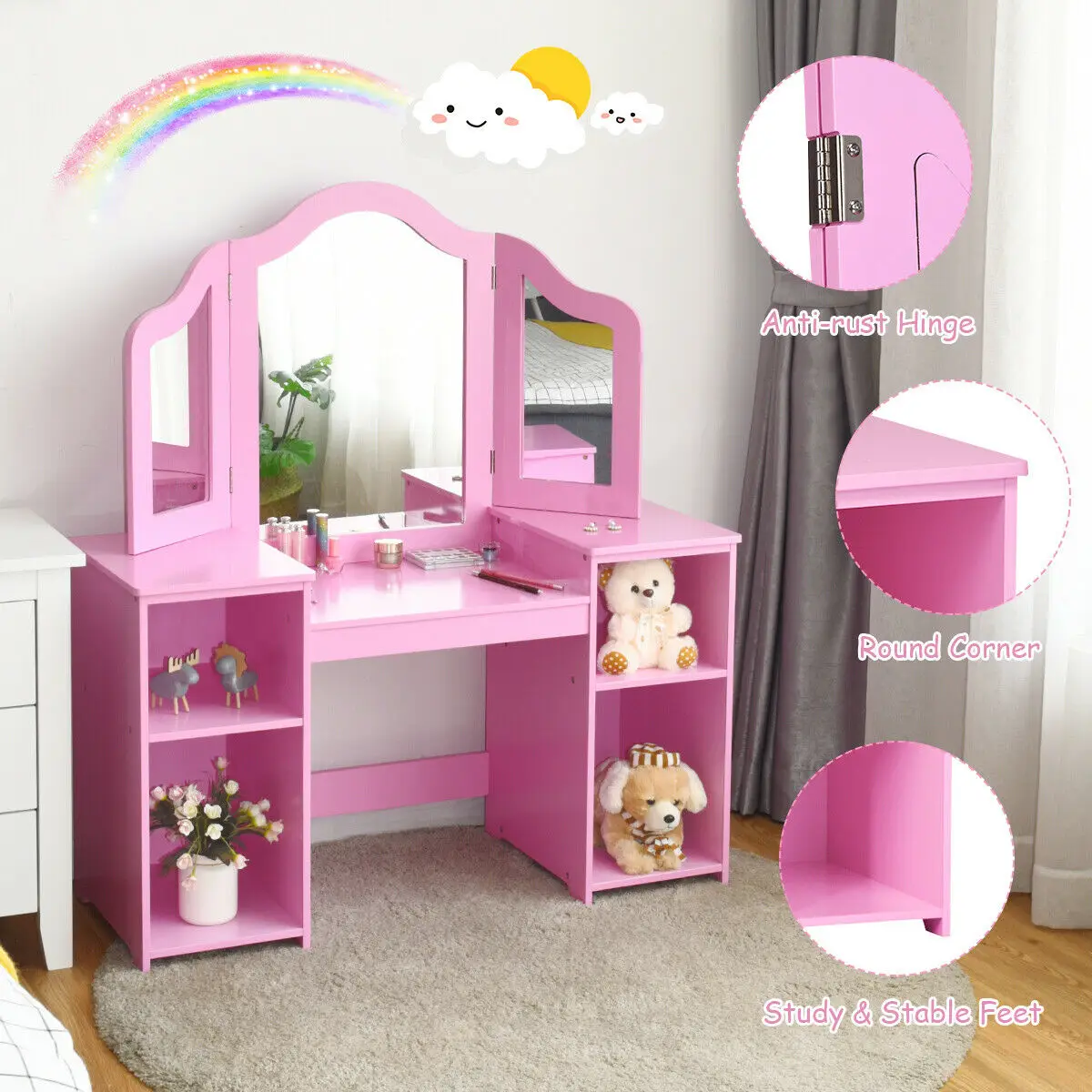 Vanity Table Set Makeup Dressing Kids Girls Study Table Tri Folding Mirror  TY327770