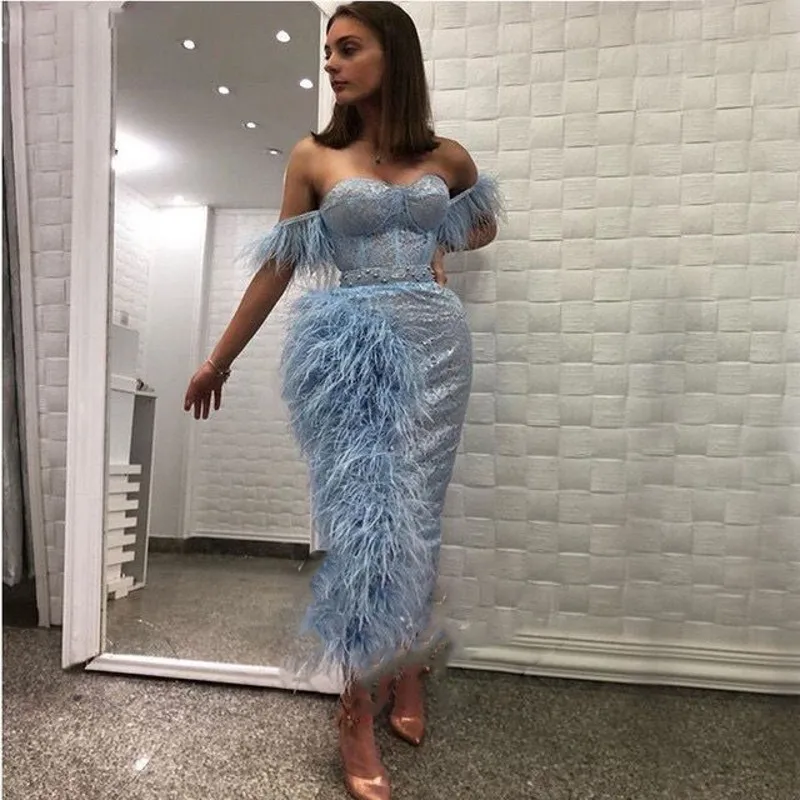 Dubai Sky Blue Evening Dress 2023 Fashion Off the Shoulder Feathers Sheath Lace Gowns Luxury Applique Tassel Women Party Dress