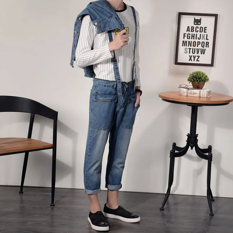 Overalls Men\'s Denim Jumpsuit Blue Lapel Long-Sleeved Jacket Hip-Hop Streetwear Waist Detachable Jeans Pants Casual Trousers