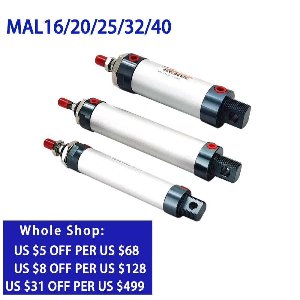 MAL Series Mini Pneumatic Cylinder 16/20/25/32/40mm Bore 25-400mm Stroke Double Acting Aluminum Alloy Air Cylinder