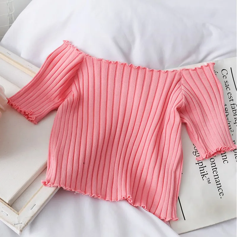 Slash NeckT-shirts Off Shoulder Knitting Crop Tops  Short Sleeve Stretchy Ruffles Hem t-shirts Stripes Tops For Women