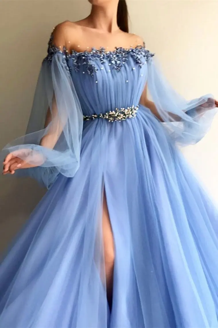 

Long Sleeve Tulle A-Line Mint Green Prom Dresses 2021 Applique Flowers vestidos de festa longo Formal Evening Dress платье