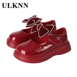 Girls Red Bow Red Leather Shoes Princess Mary Jane Shoes New 2023 Children Red Bow Little Kid's Nude Shoes