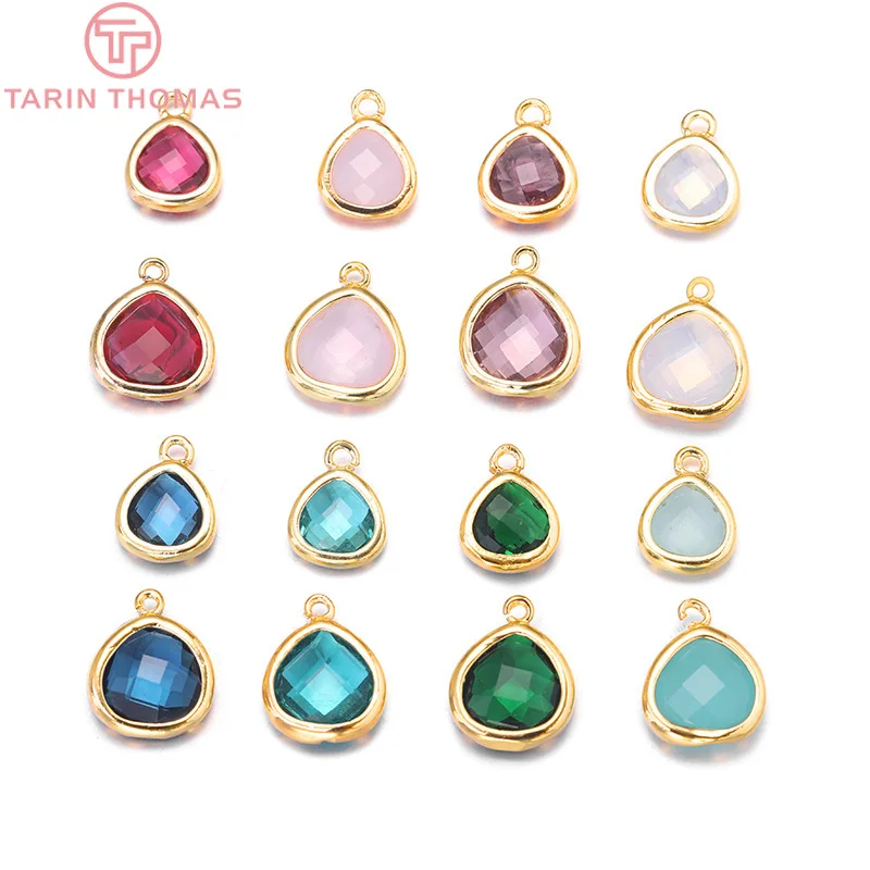 (629)4PCS 8x11MM 10x13MM  24k Champagne Gold Color Brass With Colourful Glass Triangle Charms Pendants  Accessories