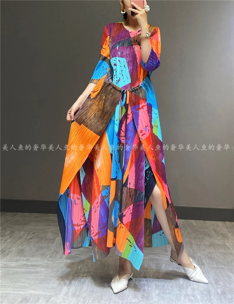 

HOT SELLING Miyake fashion fold half sleeve dress Retro print tirregular dress IN STOCK