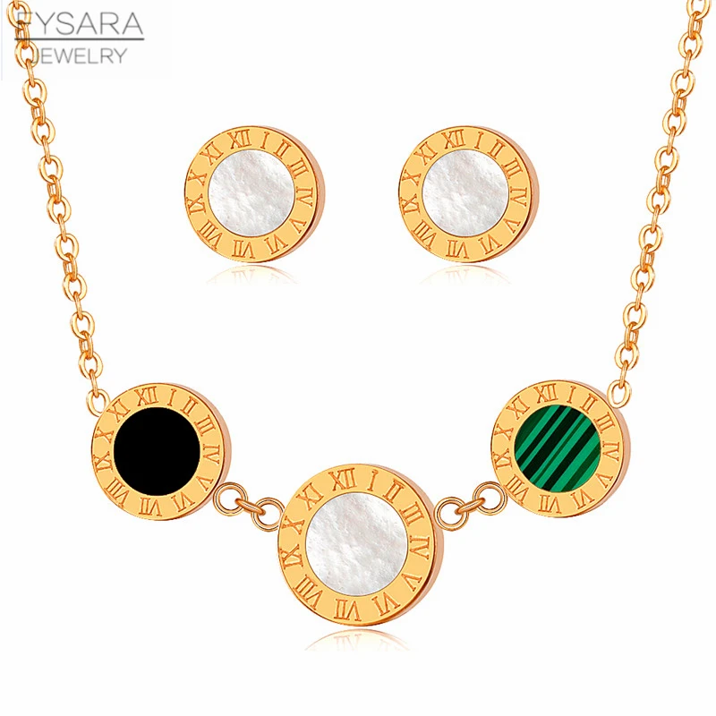 FYSARA Black White Shell Roman Numercal Round Tag Earrings and Necklace for Women Girl Luxury Brand Jewelry Set Gold Color Gift