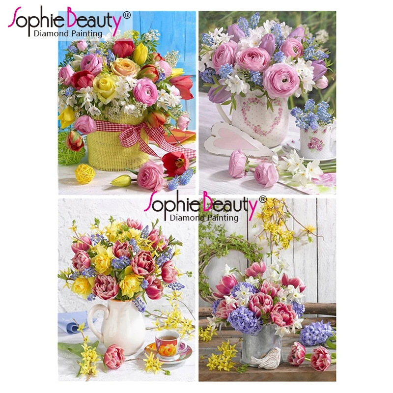 Sophie Beauty-pintura de diamantes "peonía y tulipanes", bordado de jarrones y flores, mosaico de diamantes de imitación artístico, decoración del hogar 197049