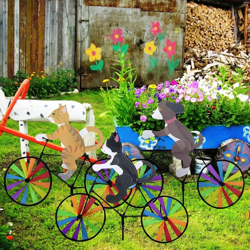 Animal Riding Bike Windmill innovativo Cartoon Cat Dog Wind Spinner Yard Art Decoration Garden Ornament Wind Portable