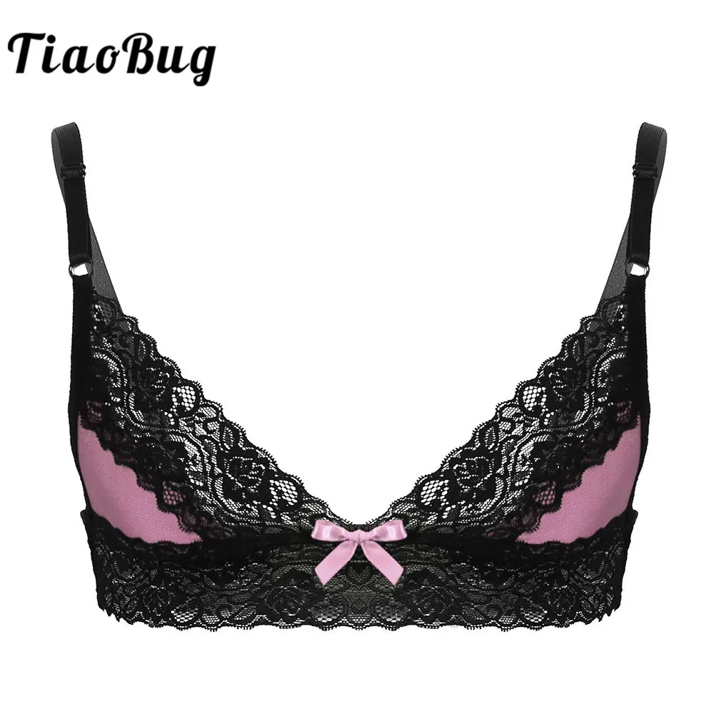 Hot Sexy Men Erotic Bra Crossdressing Sissy Lingerie Adjustable Spaghetti Straps Floral Lace Wire-free Unlined Male Bralette Top