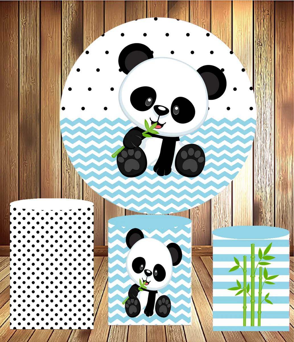 

Round circle background birthday mini cake table party decor cute panda blue boy baby shower fabric 3 cylinder plinth cover