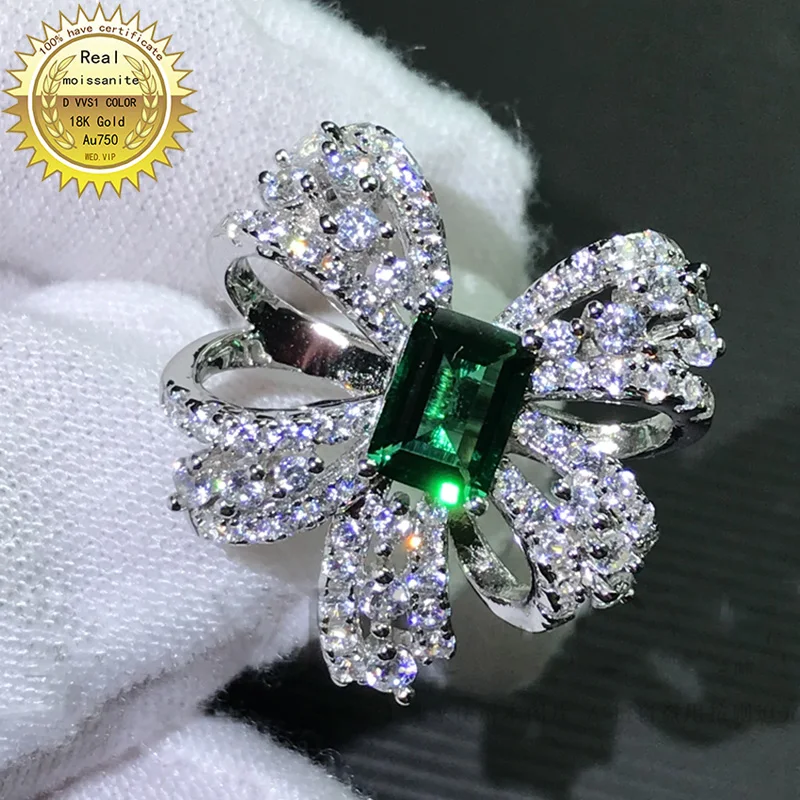 14K Gold ring  Lab Created 1ct Emerald and  Moissanite Diamond Ring With national certificate Em-100