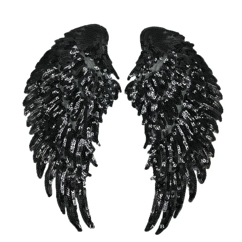 1pairs Gold Silver Black Sequin Large Angel Wings Patch Badge Iron On Patches For Clothes Stickers Fabric Sewing Accessories