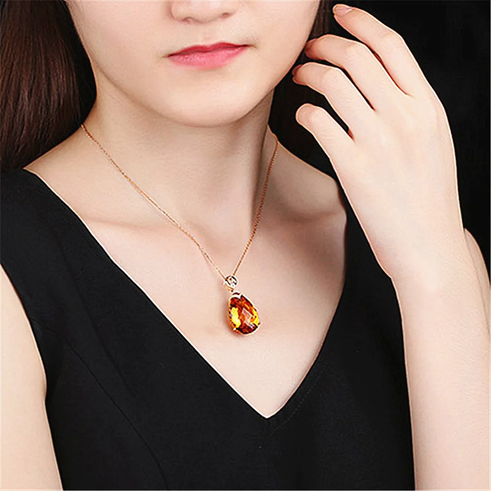 Luxury big carats water drop crystal citrine gemstones diamonds pendant necklaces for women 14k gold color jewelry bijoux gifts