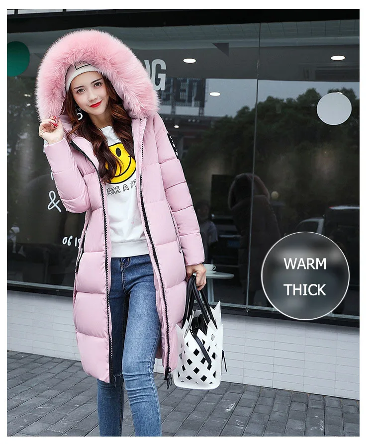 2025 Women's Down Parkas Winter Jacket Big Fur Collar Thick Slim Coat Fashion Hooded Cotton Outerwear Long Winter Woman Coat