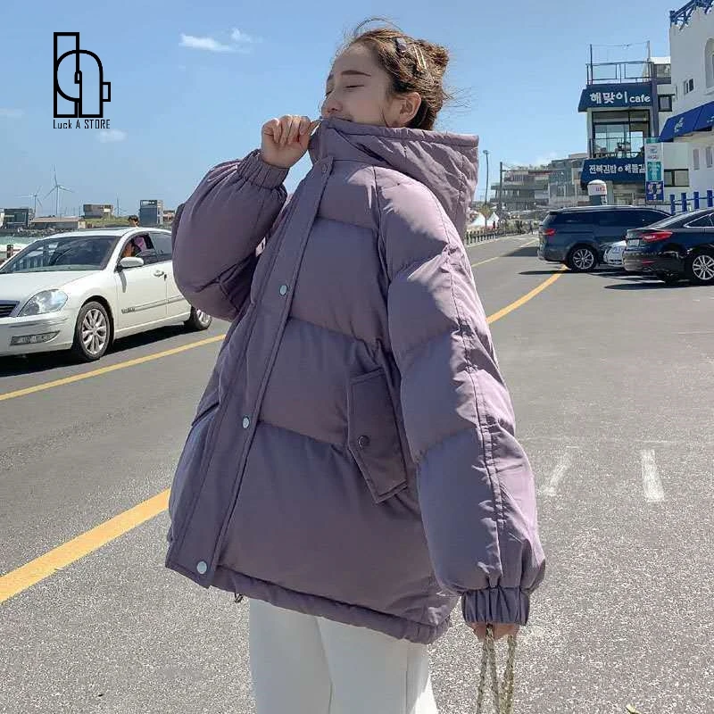 Women Fashion Colors Winter Hooded Puffer Jacket  Female Loose Long Sleeve Coat Solid Harajuku Warm Oversize Parkas