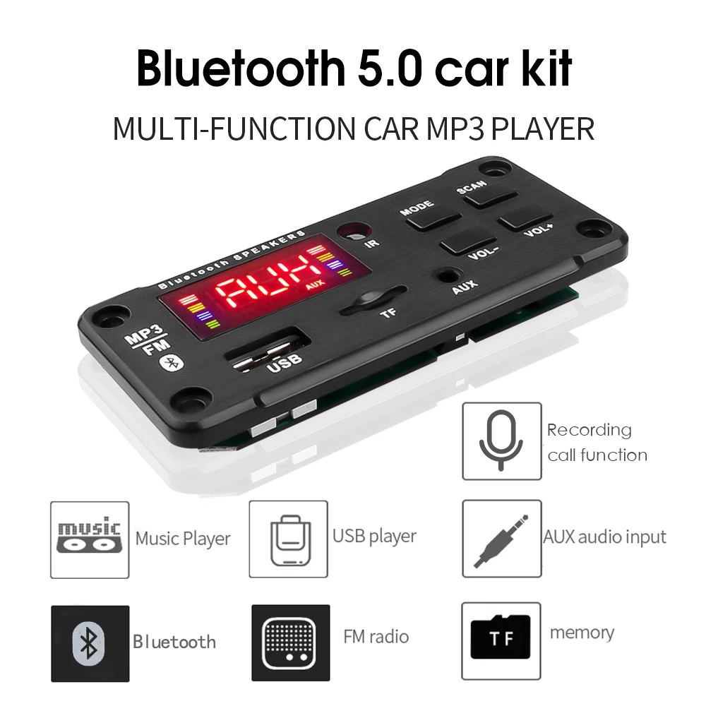 12V 50W Amplifier MP3 Decoder Board Bluetooth 5.0 Wireless Audio Module Big Color Screen Call Recording TF FM Radio For Car