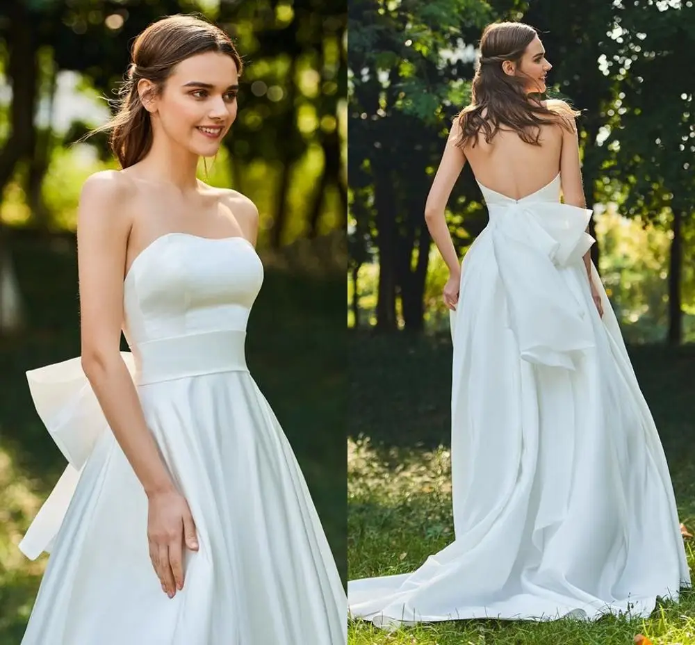 Áo Dây De Mariage Đơn Giản Dây Nơ Chữ A Vườn Áo Cưới Năm 2020 Mới Hở Lưng Boho Cô Dâu Đồ Bầu Vestidos De Noiva