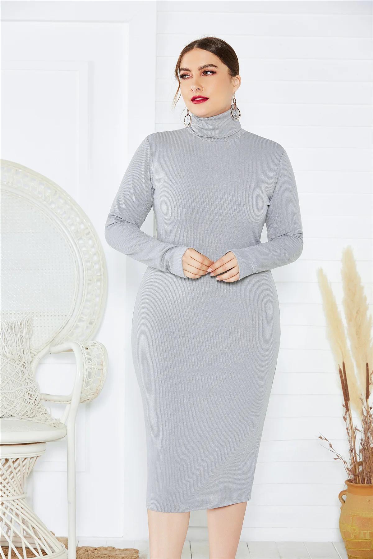 Zimowa seksowna sukienka z golfem z dżerseju Jesienna dzianinowa sukienka bodycon Plus Size Elegancka sukienka damska Slim Fashion Długa sukienka