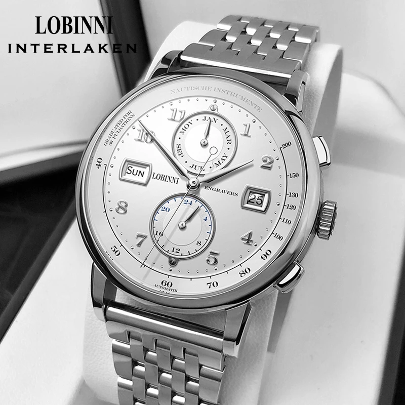 LOBINNI Luxury Seagull Movement Automatic Mechanical Watch Men 316L Stainless Steel Multi Function Male Wristwatches