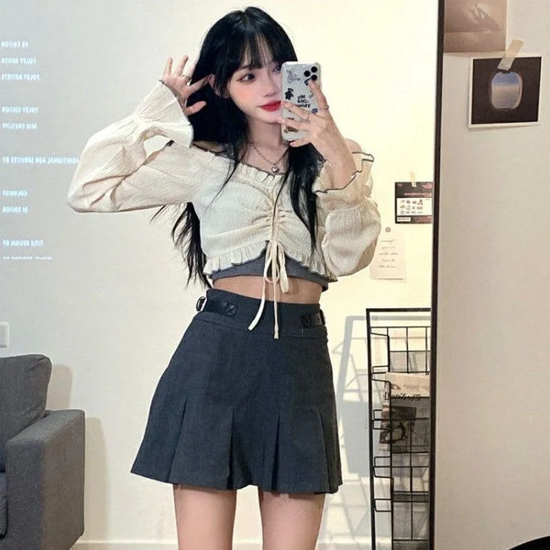 Sets Women Femme 2 Pieces Solid Ulzzang High Street Preppy Style Lovely Basic Crops Tops V-neck Sexy Club Wear Fit Autumn Ropa