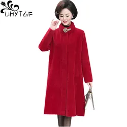 UHYTGF 4XL Big size jacket women's quality Mink Cashmere Autumn Winter wool coat Noble cashmere elegant mom warm long coats 968