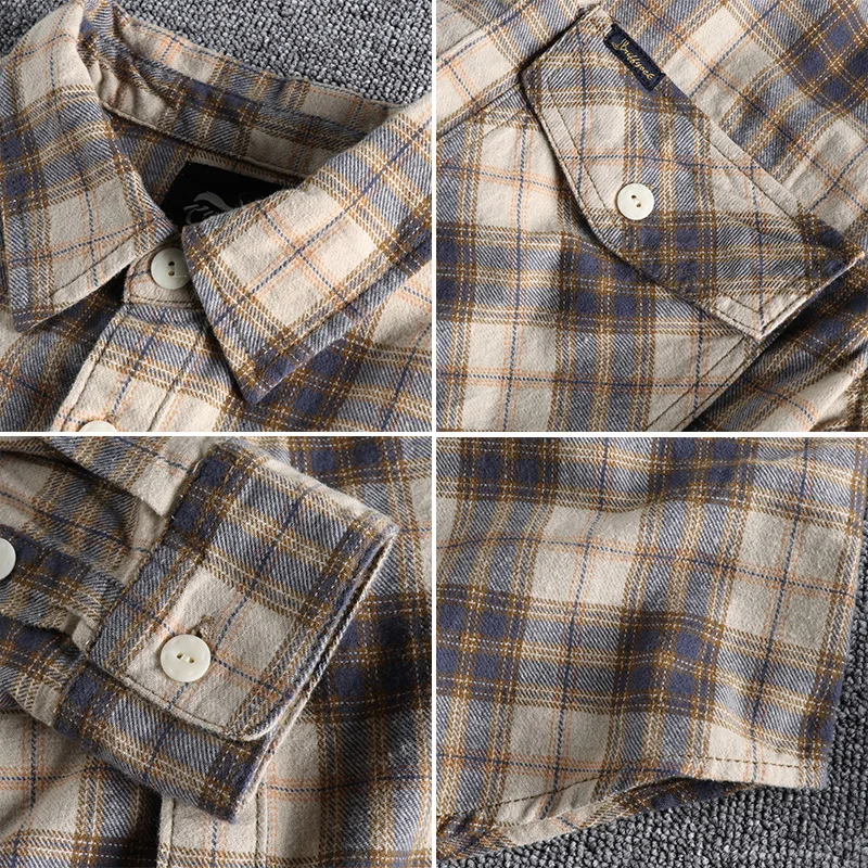 Autumn American Retro Tooling Plaid Shirt Men\'s Fashion Frosted Flannel Pure Cotton Washed Old Pocket Long Sleeve Casual Blouses