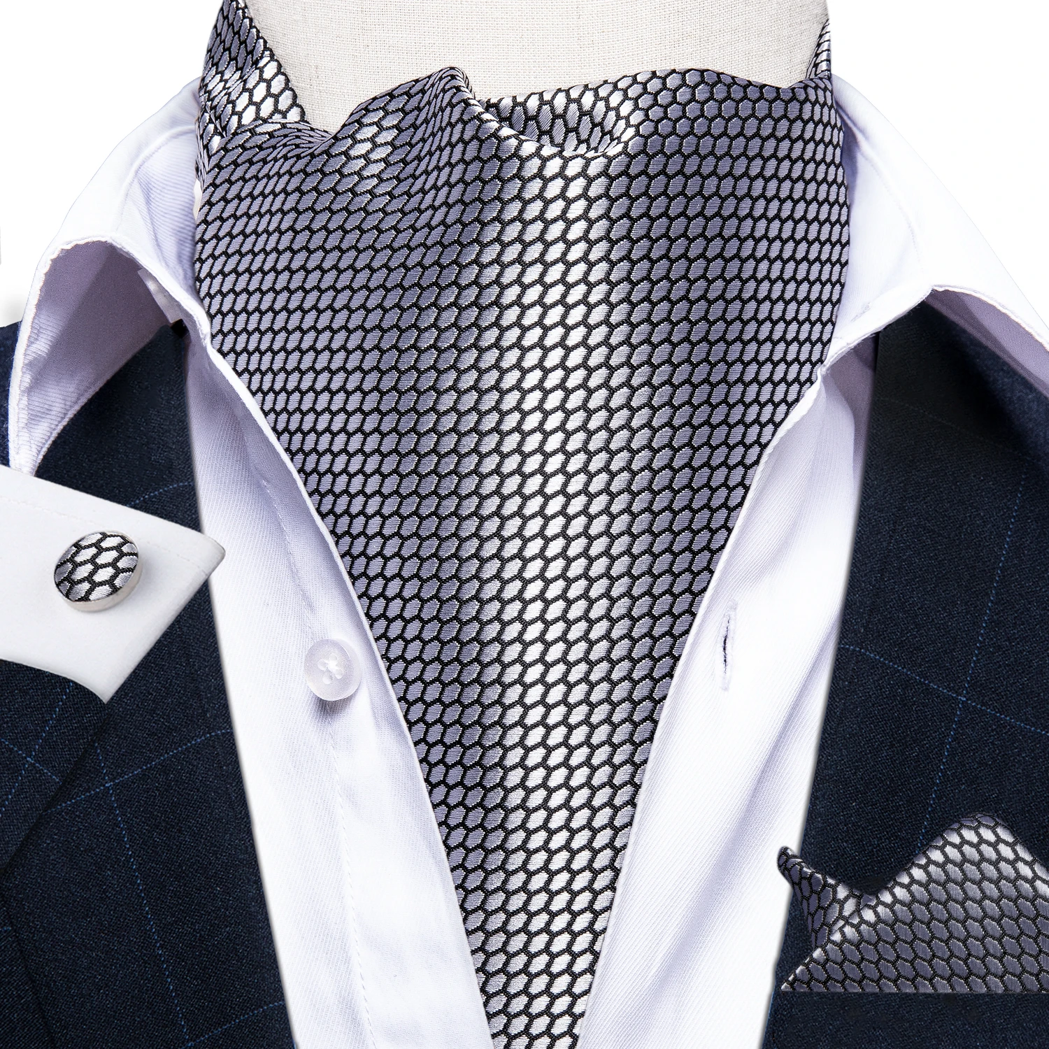 Men Luxury Silver Check Vintage Gentlemen Self Tie Cravat Ascot Pocket Square Necktie Handkerchief Set Wedding Party DiBanGu