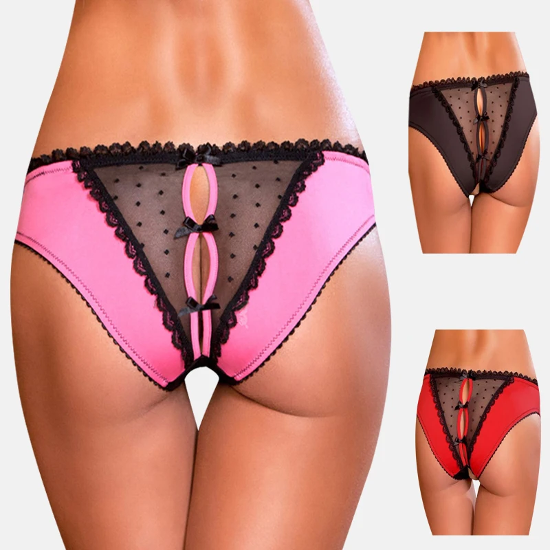 Lady Panties Lace Lingerie Women Open Crotch Mesh Sexy Temptation Thongs Bowknot Hallow Out Erotic Lingerie Crotchless Briefs