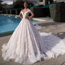 Personalizado fora do ombro uma linha vestidos de casamento de renda elegante apliques vestido de noiva trem catedral vestido de noiva plus size