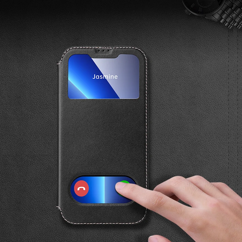 Smart View Window Flip Case for iPhone 16 15 14 13 12 11 Pro Max XR XS Plus Case Magnet Genuine Leather Free Answer Holder Cover