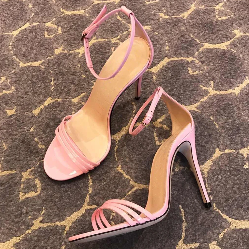 

High Quality Black Red Strappy Sandals Ankle Strap 10cm High Heel Summer Dress Shoes Patent Leather Cross Strap Gladiator Sandal