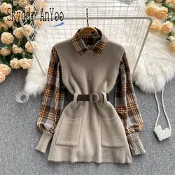 Autumn Winter Women's Suit Chic Plaid Shirt Top And Knitted Sweater Vest Casual Two Piece Sets Waistband Vest Woman Clothes