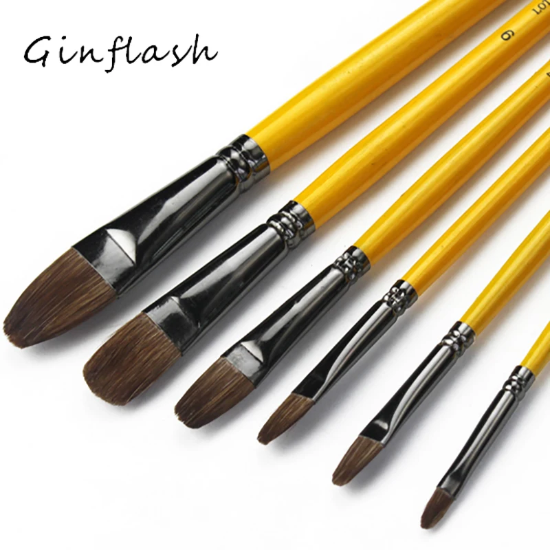 

Ginflash 6pcs/set Different Shape Wolf's Fur Paint Brush Wooden Handle Gouache Watercolor Oil Painting brush Set Acrylics Art