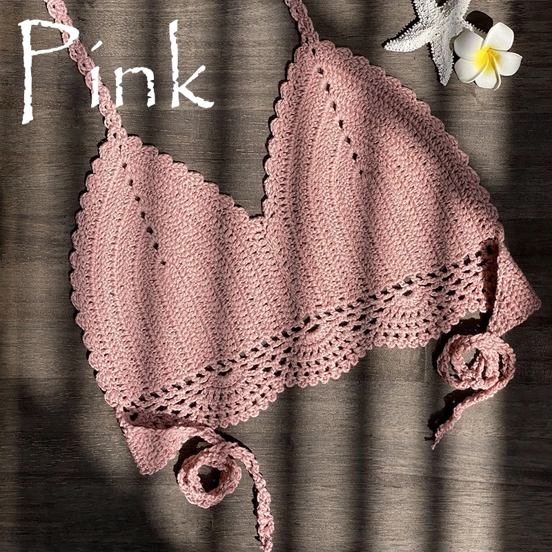 2021 nouveau haut de bikini fait à la main au crochet femmes Boho plage Bralette solide licou tricoté maillot de bain brésilien Bikinis maillot de bain haut