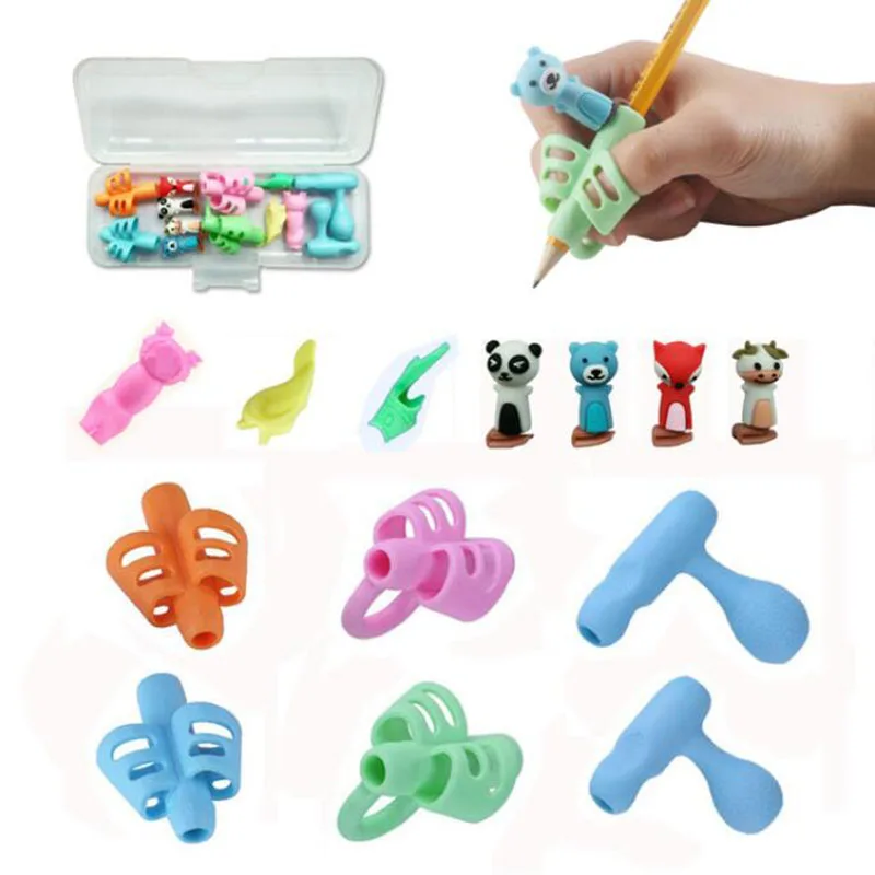 Suporte de caneta de silicone para iniciantes, kit com 16 unidades para escrita e correção de postura de bebês, presente de escritório, caixa de caneta